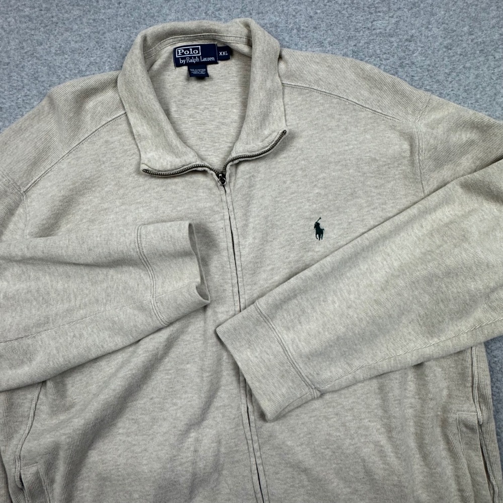 Polo Ralph Lauren Mens XXL Beige Oatmeal Full Zip Ribbed Cotton Sweatshirt